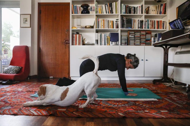 This picture taken on March 23, 2020 shows a woman taking part in an online pilates class at home, as her dog Elvis stretches next to her, in Nicosia, as restrictions on movement and social distancing were imposed across Cyprus to contain the spread of the COVID-19 novel coronavirus.