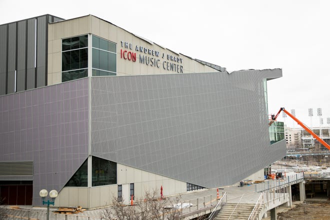 Construction continues on The Andrew J. Brady Icon Music Center at the Banks on Thursday, March 19, 2021. 