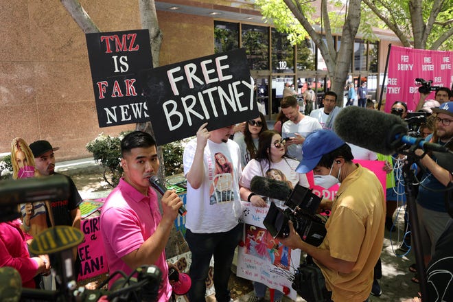 #FreeBritney activists protest at Los Angeles Grand Park during a conservatorship hearing for Britney Spears on June 23, 2021, in Los Angeles.