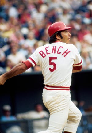 June 1974; Cincinnati, OH, USA; FILE PHOTO; Cincinnati Reds catcher Johnny Bench (5) in action during the 1974 season at Riverfront Stadium.