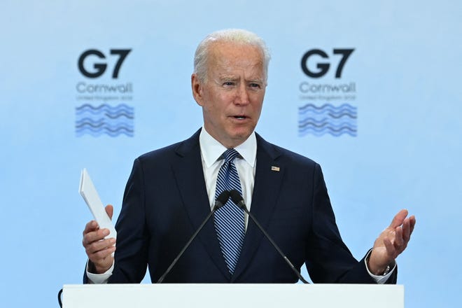 President Joe Biden speaking at the Group of Seven summit of the major industrial nations on June 13, 2021, in Cornwall,  United Kingdom.