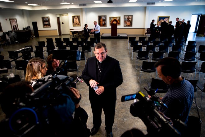 Bishop-elect John Iffert speaks to members of the media after it was announced that he would be the successor to Bishop Roger J. Foys as leader of the Diocese of Covington during a press conference on Tuesday, July 13, 2021 in Covington, Ky. Pope Francis accepted the resignation of Foys, who served as bishop for 19 years.