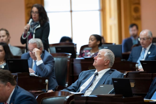 Vormer Rep. Larry Householder listens as Rep. Michele Lepore-Hagan speaks in favor of a resolution to expel Householder during a session of the Ohio House at the Ohio Statehouse in Columbus on Wednesday, June 16, 2021. The resolution passed and Householder was expelled.
