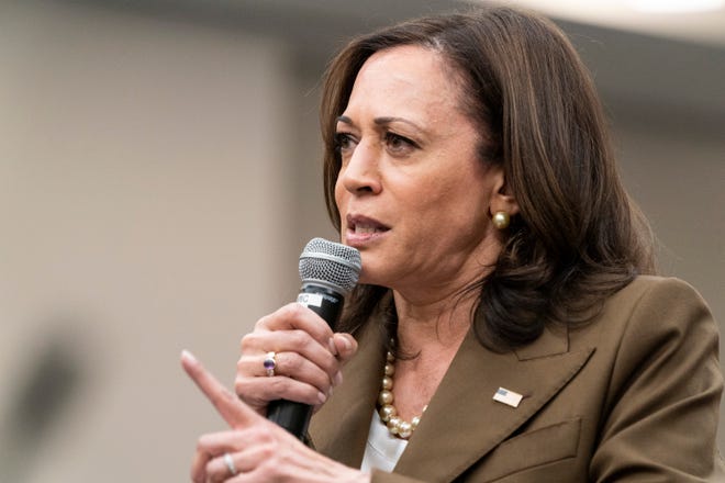 Vice President Kamala Harris meets with Democrats from the Texas state Legislature at the American Federation of Teachers in Washington on Tuesday.