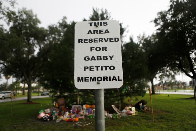 A makeshift memorial dedicated to Gabby Petito is located near the North Port City Hall on September 21, 2021 in North Port, Florida.