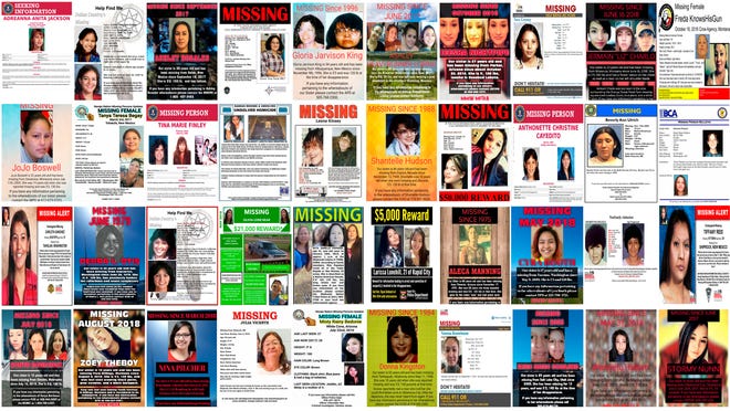 This combination of images from various law enforcement agencies and organizations shows posters of missing and murdered Native American women and girls as of September 2018.