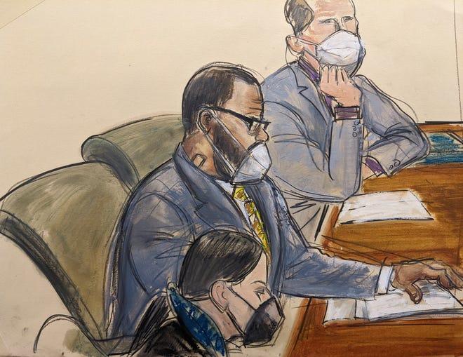 In this courtroom sketch, R. Kelly, center, sits with his attorneys Thomas Farinella, top, and Nicole Blank Becker during the first day of his defense in his sex-trafficking case on Sept. 20, 2021, in New York.
