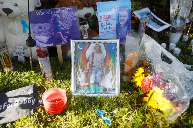 A makeshift memorial dedicated to Gabby Petito is set up near City Hall in North Port, Fla.
