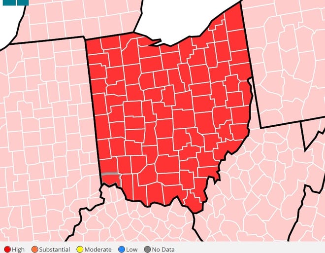 Every county in Ohio is red, signifying high community transmission rates of COVID-19 as of data from Aug. 26 to Sept. 1.