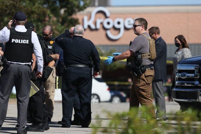 Outside the Kroger on New Byhalia Road in Collierville, Tennessee, where a shooting took place Thursday afternoon, Sept. 23, 2021.