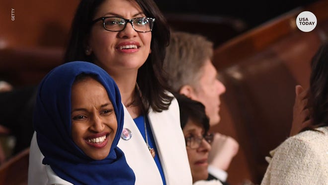 Rep. Rashida Tlaib, right, is a Democrat from Michigan; Rep. Ilhan Omar is a Democrat from Minnesota.