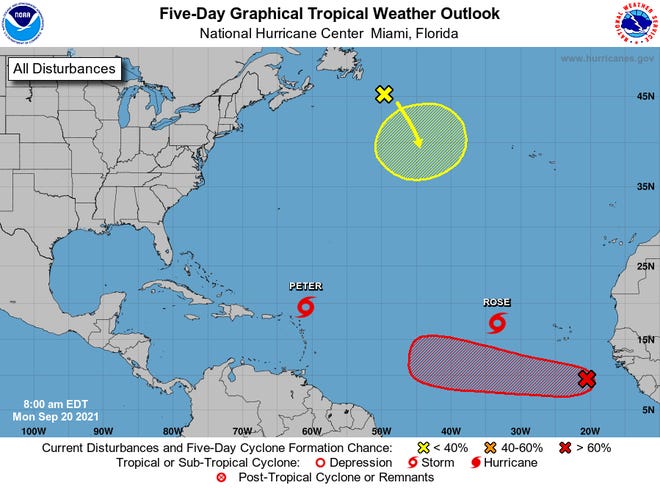 Forecasters are monitoring Tropical Storms Peter and Rose along with two other weather disturbances in the Atlantic Basin.