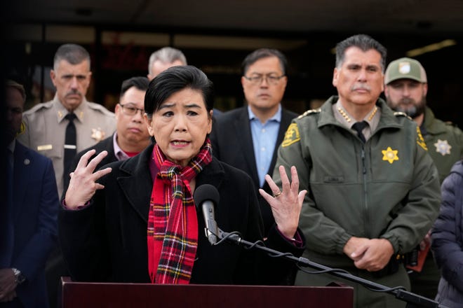 Rep. Judy Chu, D-Calif., left, in Monterey Park, Calif., on Jan. 22, 2023, after a mass shooting.