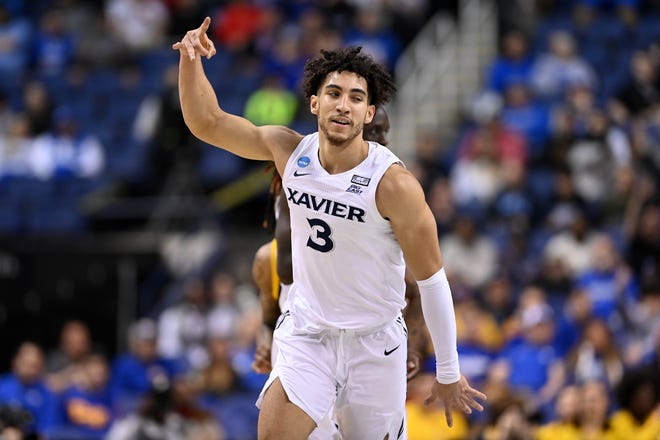 Xavier Musketeers guard Colby Jones (3) reacts to a play during the first half against the Pittsburgh Panthers in the second round of the 2023 NCAA men’s basketball tournament at Greensboro Coliseum.